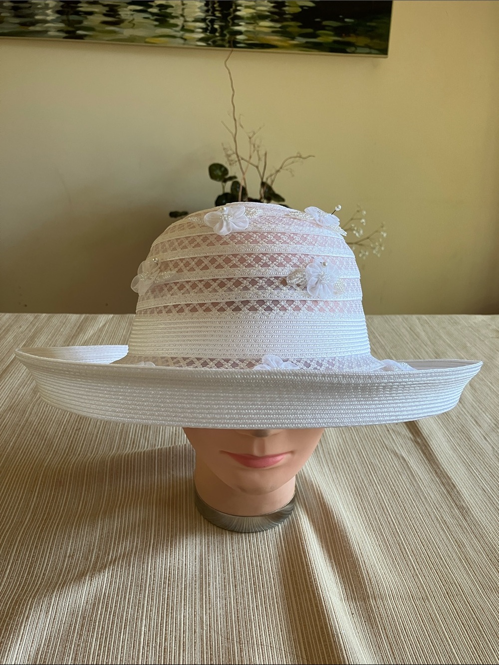 Chic White Wide-Brim Hat With White Floral Appliqués
